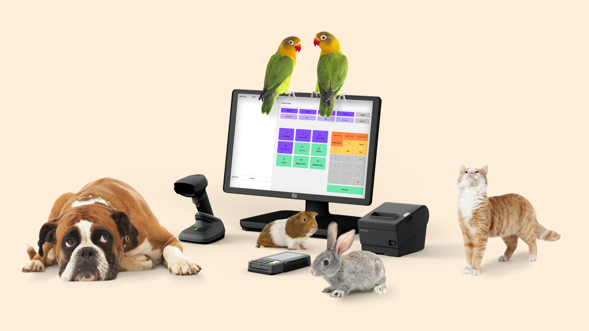 Digitalt kassasystem med skärm, scanner, kortterminal och kvittoskrivare, omgiven av husdjur; hund, katt, kanin, marsvin och två papegojor
