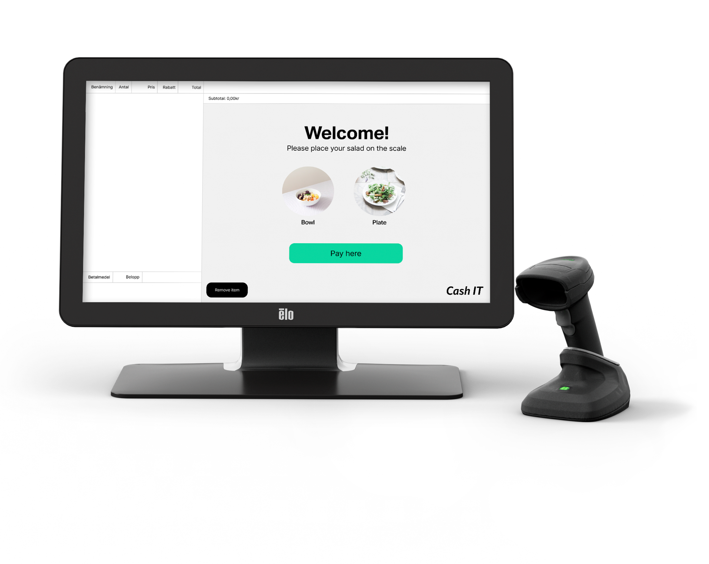 Digital kassalösning från Cash IT med svart pekskärm och scanner. På skärmen visas välkomsttext och två bilder som illustrerar alternativ för betalning