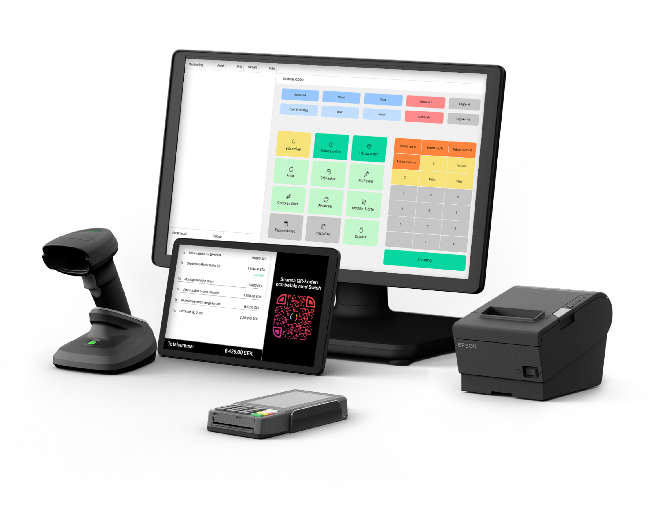 Kassasystem i svart med datorskärm, kortterminal, kunddisplay, streckkodsläsare och kvittoskrivare på ett bord