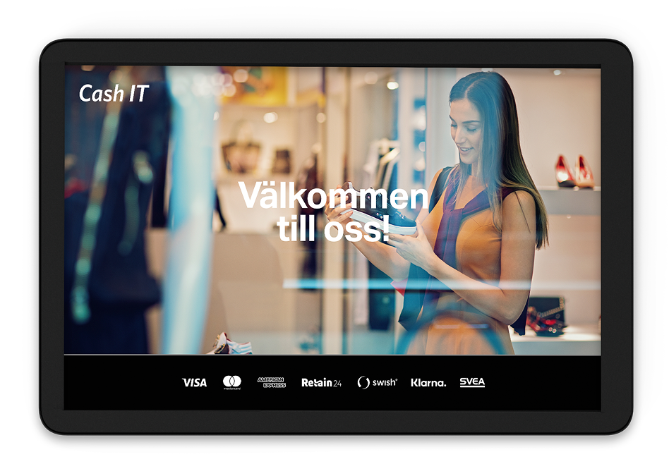Närbild på svart kunddisplay i liggande format med texten Välkommen till oss och en bild på leende kvinna i butiksmiljö som använder mobiltelefon