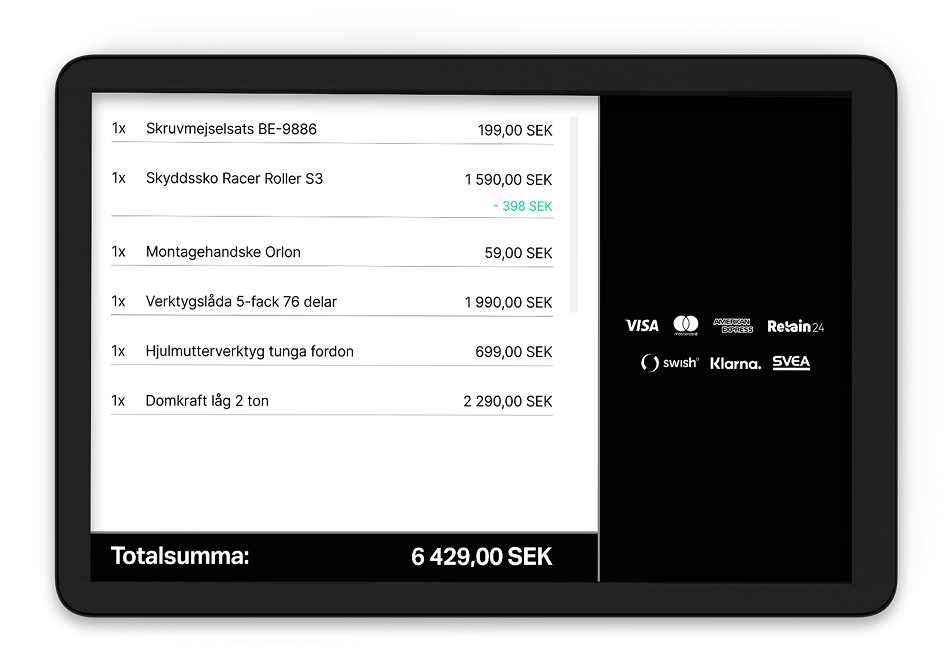 Kundskärm med kvittoinformation över varor och summor samt logotyper för olika betalningsmetoder