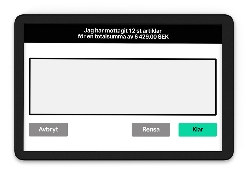 Närbild på svart kunddisplay i liggande format för digital signering, med underskriftsruta, knapparna Avbryt, Rensa, Klar samt text om varor och totalsumma