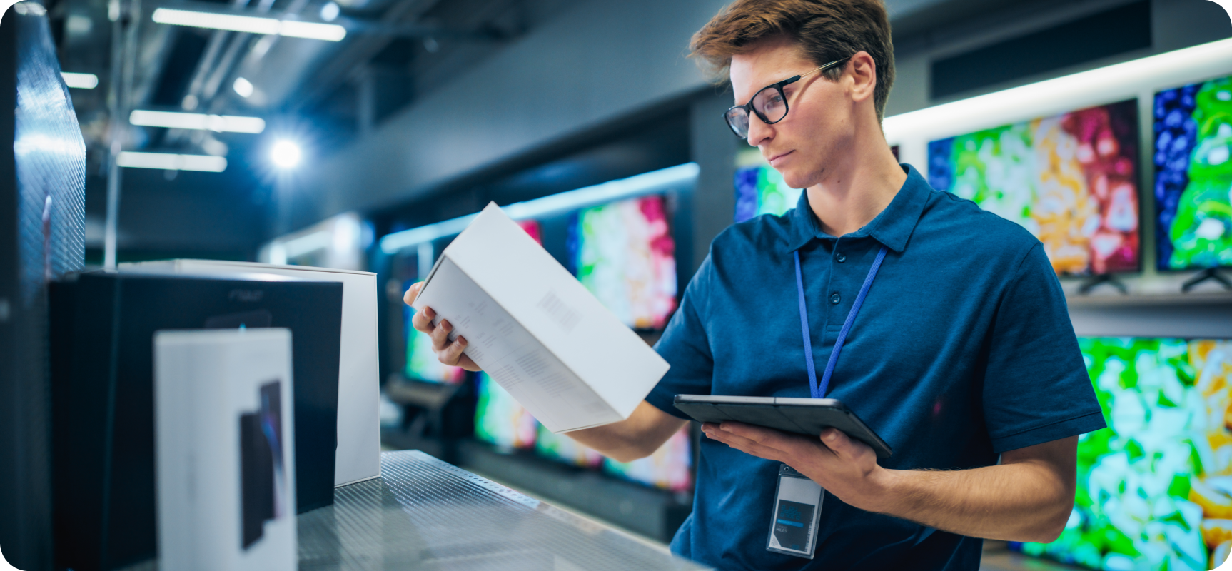 Säljchef använder surfplatta i elektronikbutik, symboliserar modern och automatiserad handel.