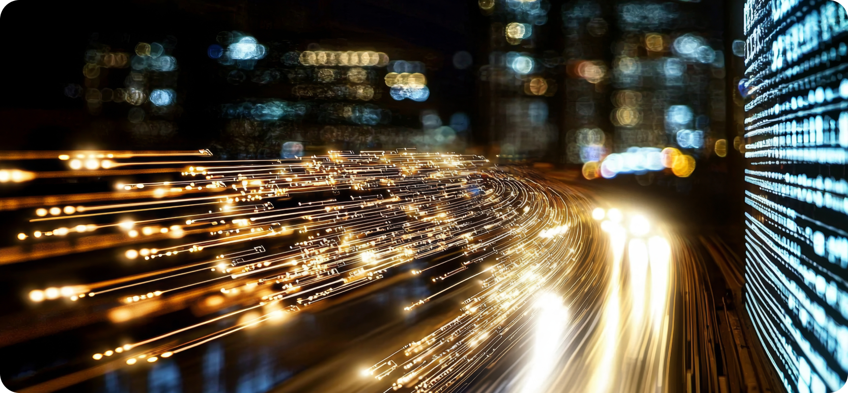 Abstrakt bild med ljuslinjer över stadssilhuett, symboliserar dataflöden mellan kassa och affärssystem.