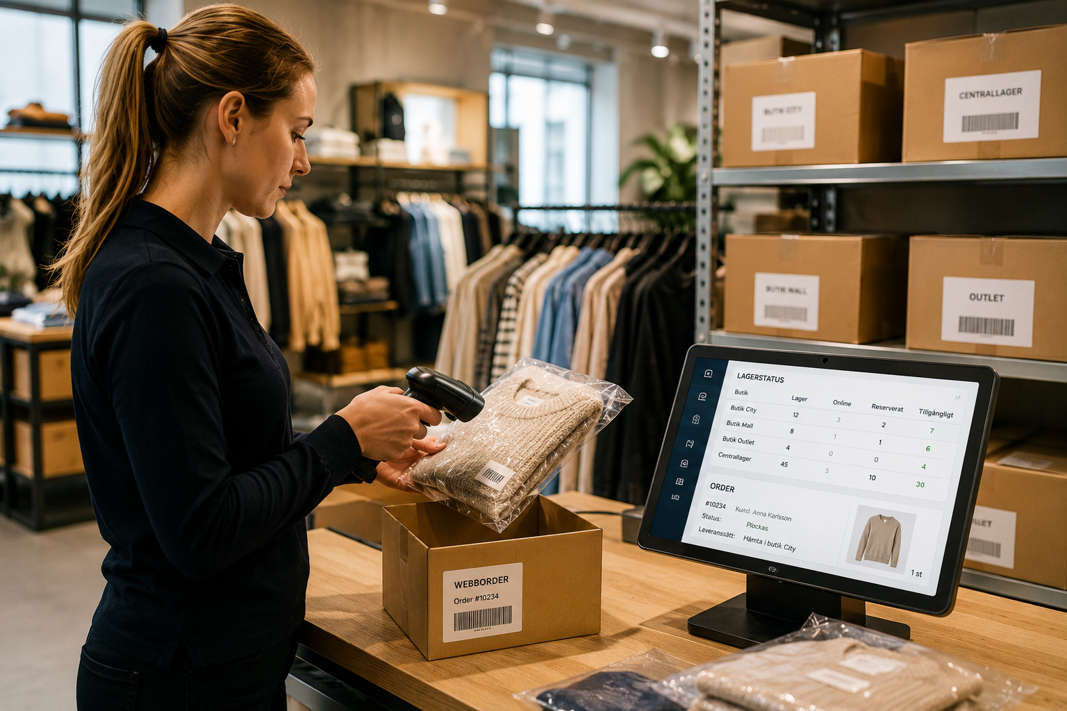 Butikspersonal skannar webborder och kontrollerar lagerstatus i butikslager.