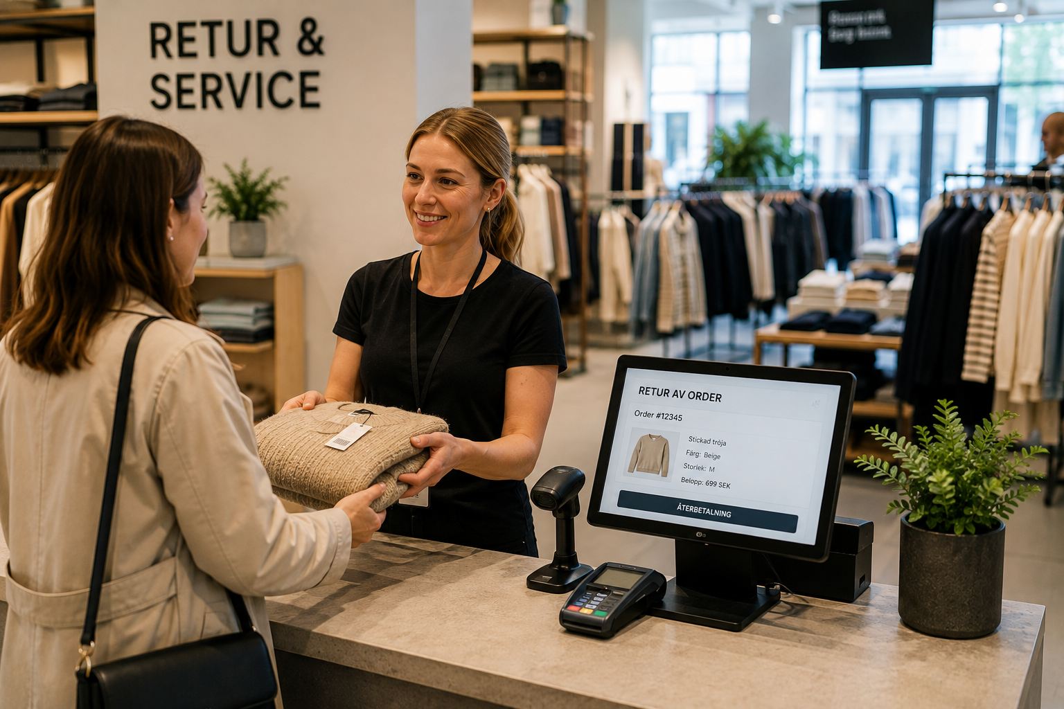 Kund returnerar webborder i butik med hjälp av kassasystem.